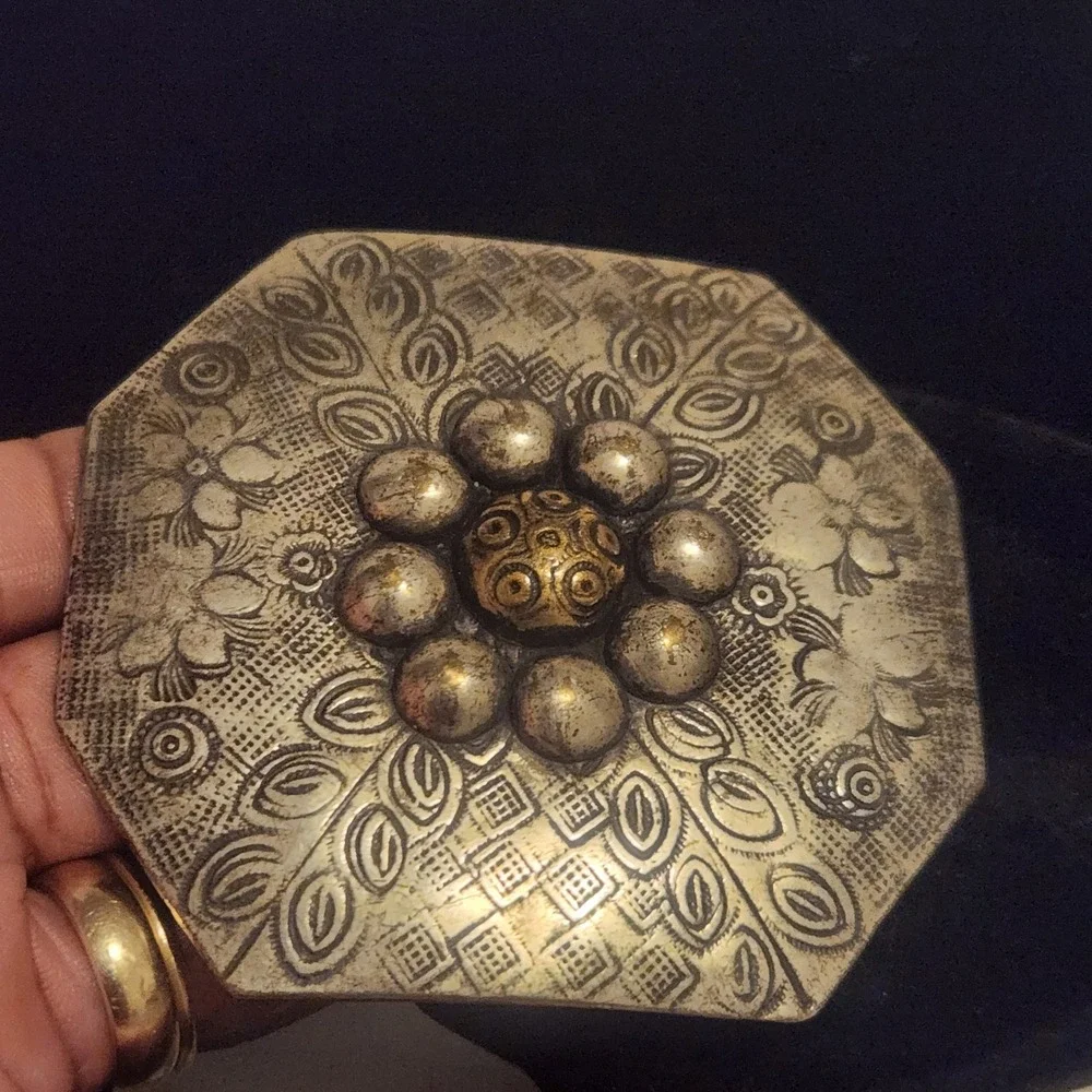 Vintage Octagonal Floral Etched Mixed Metal Belt Buckle Silver‎ Brass Tone Boho